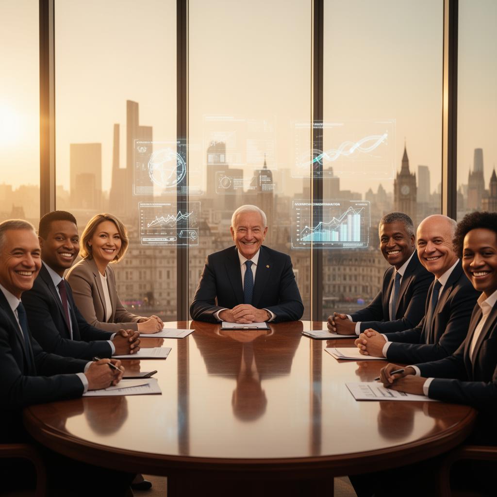 Senior male strategy advisor leading a sovereign planning session at a polished wooden roundtable with smiling government ministers and advisors, capital city skyline glowing beyond floor-to-ceiling windows at golden hour