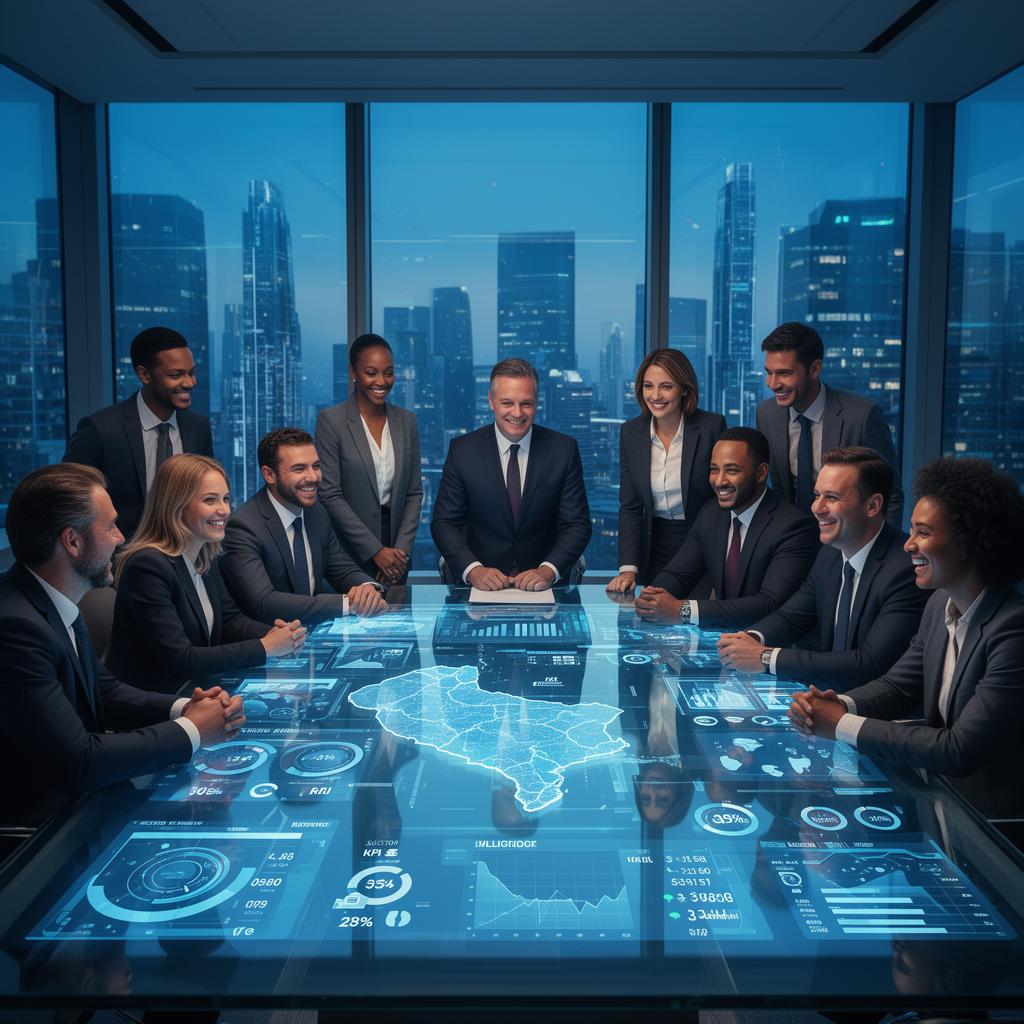 Diverse advisory team gathered around a large interactive intelligence table glowing with live program-delivery dashboards, sector KPI charts and a national map, futuristic capital skyline visible at blue hour through floor-to-ceiling glass