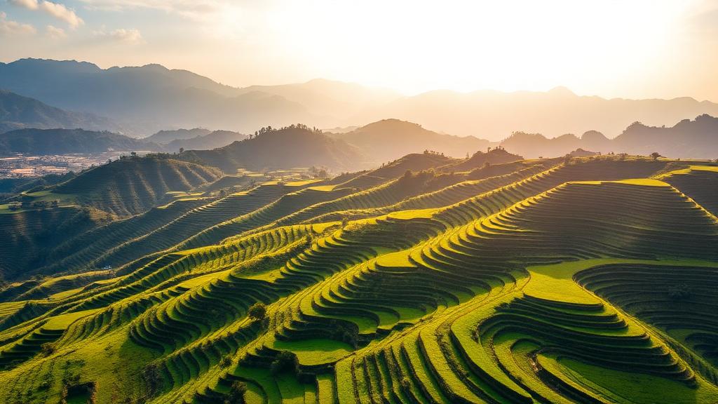 Aerial view of terraced green farmland with mountain backdrop