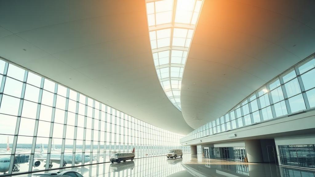 Modern airport terminal interior with curved roof and parked aircraft