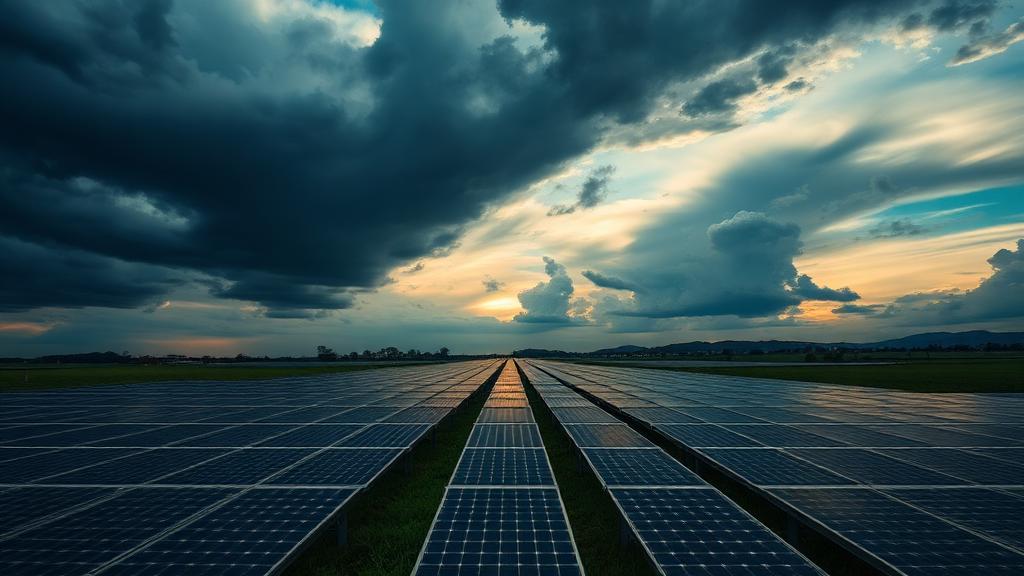 Vast solar panel field beneath a dramatic cloudy sky