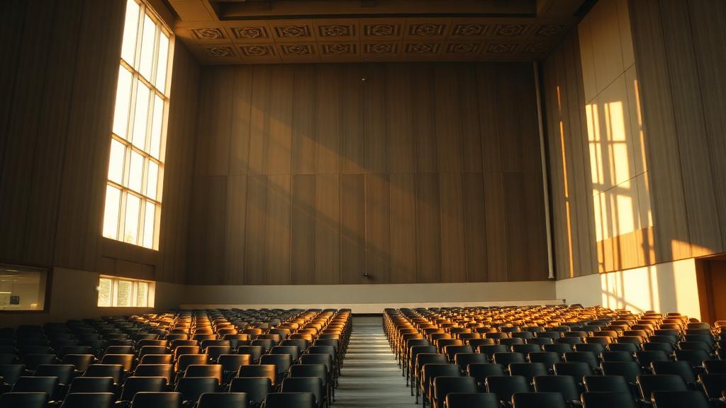 Empty modern university lecture hall lit by tall windows