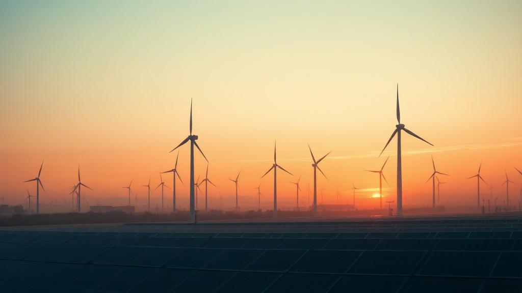 Wind turbine farm and solar array at dawn representing renewable energy capacity