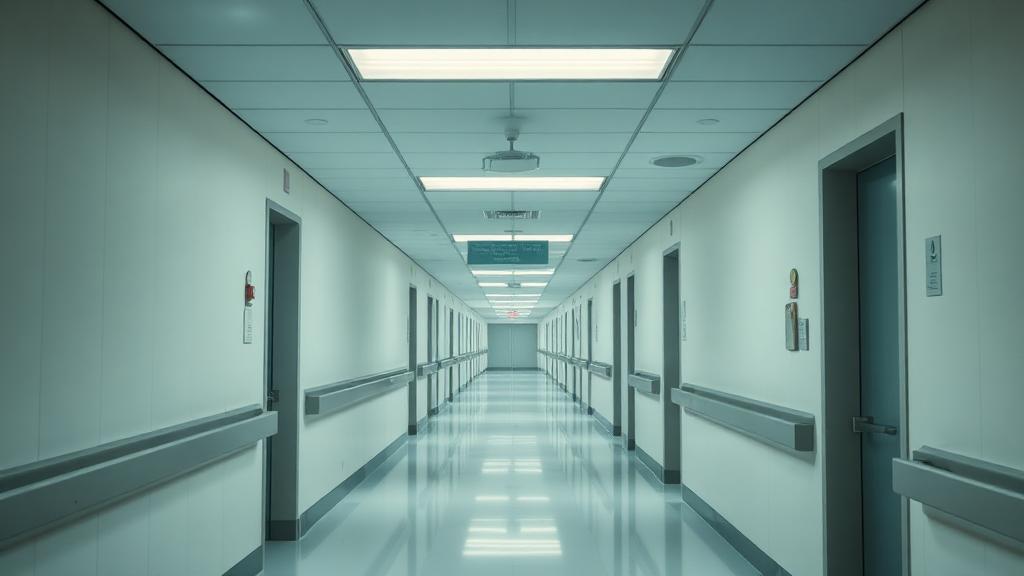 Bright clean modern hospital corridor with soft daylight