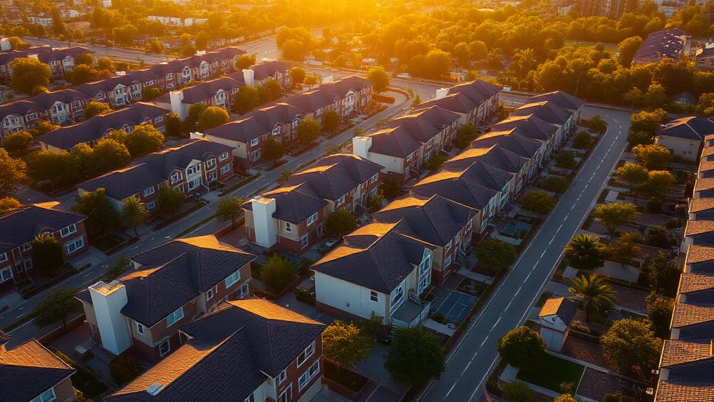 Aerial view of new residential urban development at golden hour