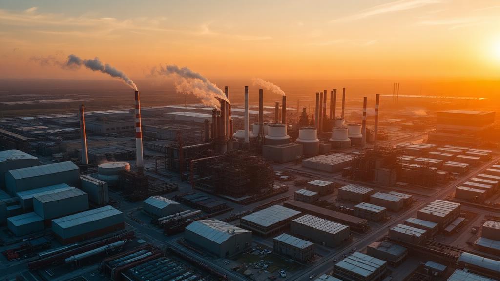 Aerial view of an industrial manufacturing complex at golden hour