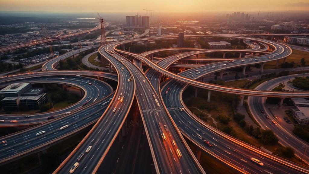 Sweeping highway interchange at golden hour representing national transport infrastructure