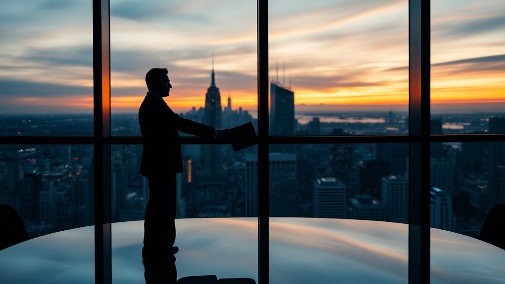 Executive silhouetted at a high-rise window over a city skyline at dusk