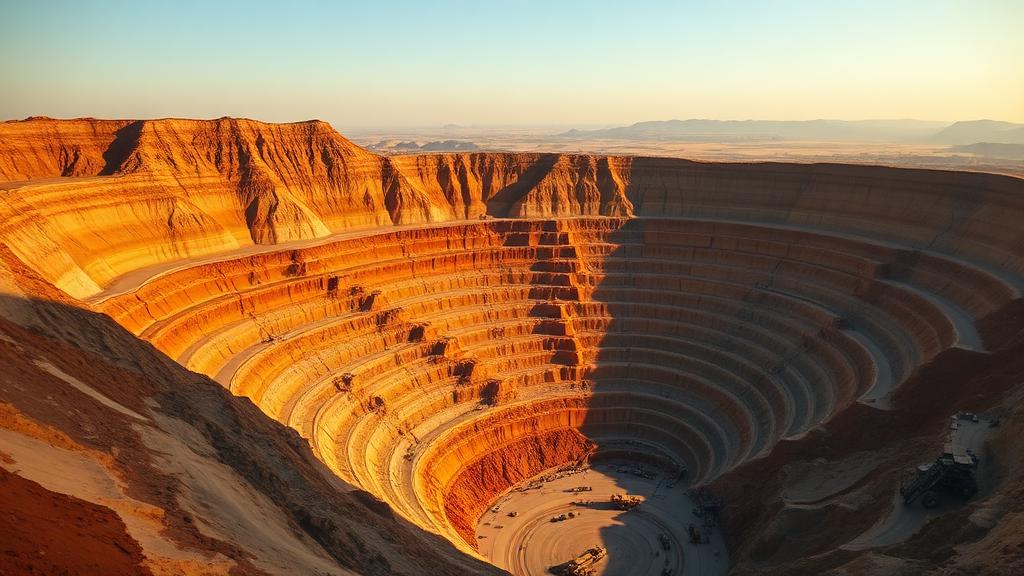 Terraced open-pit mine with heavy machinery in late light