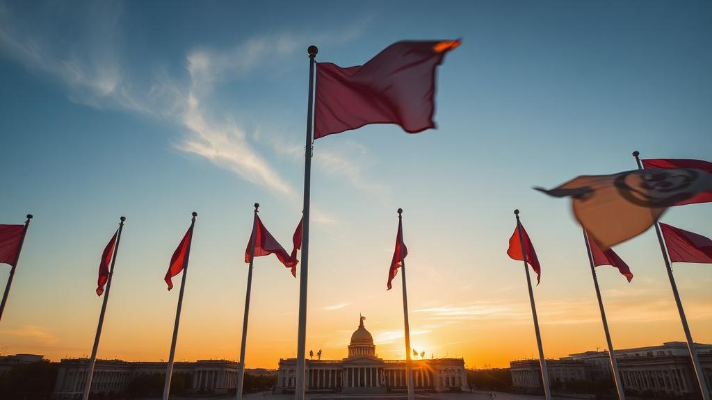 Capital city plaza flagpoles catching wind at sunrise