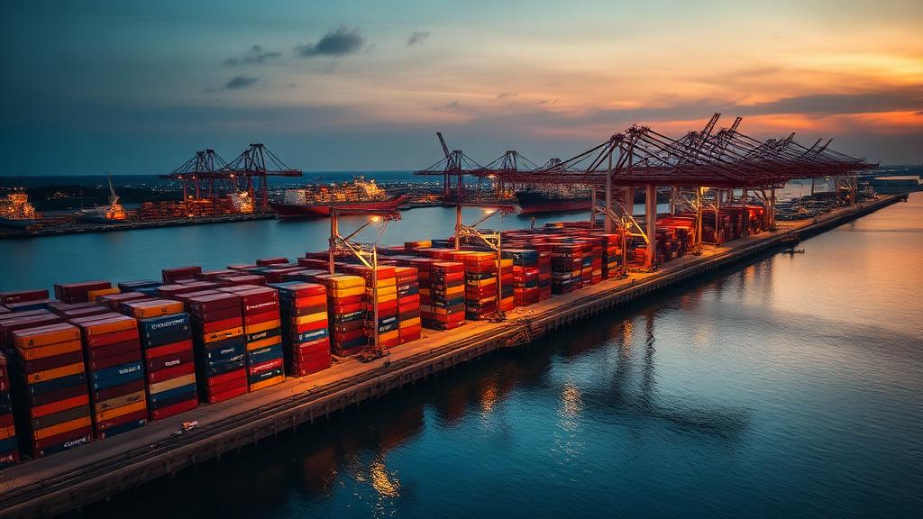 Container shipping port at dusk with gantry cranes and stacked containers