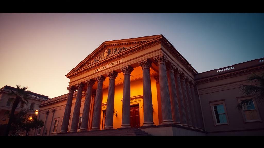 Neoclassical treasury building facade with tall columns at golden hour