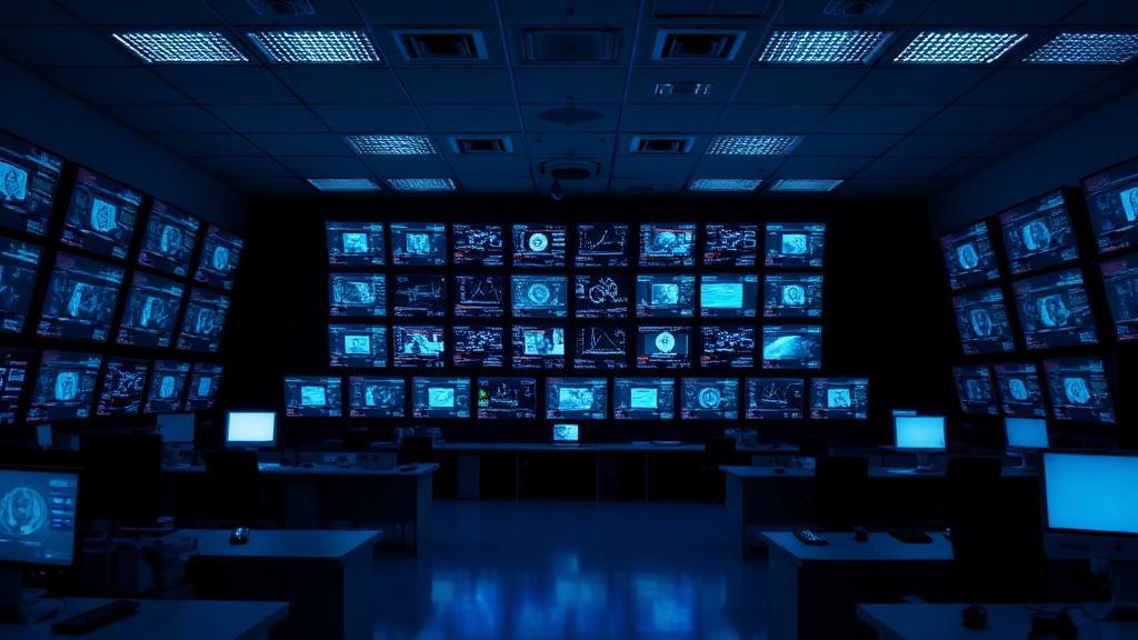 National security command operations room with wall of glowing monitors
