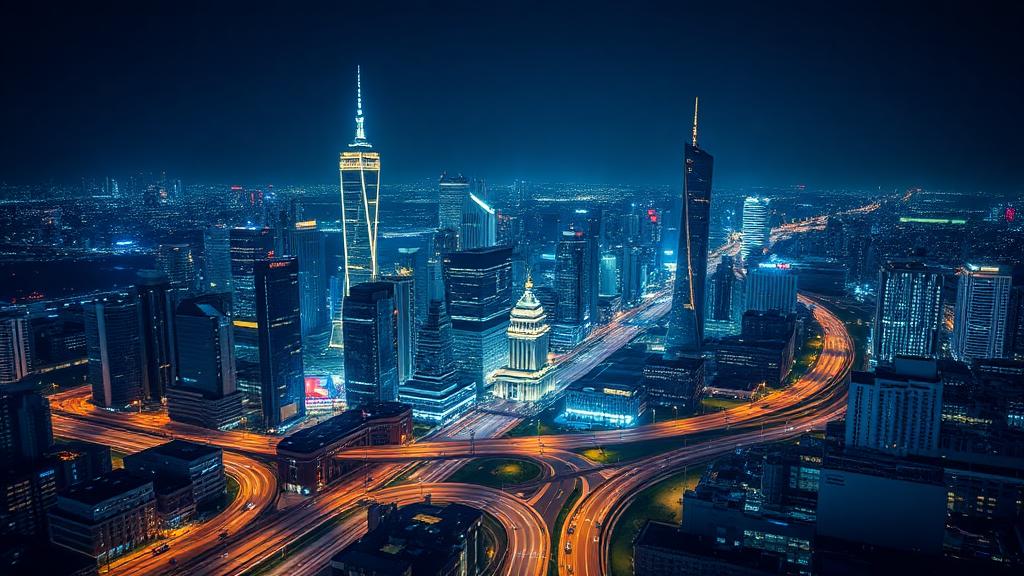 Illuminated smart city grid at night with glowing skyscrapers