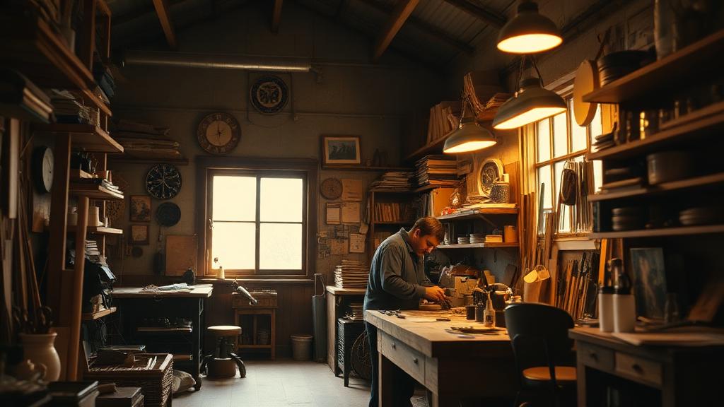 Artisan craftsperson working at a small workshop bench in warm light