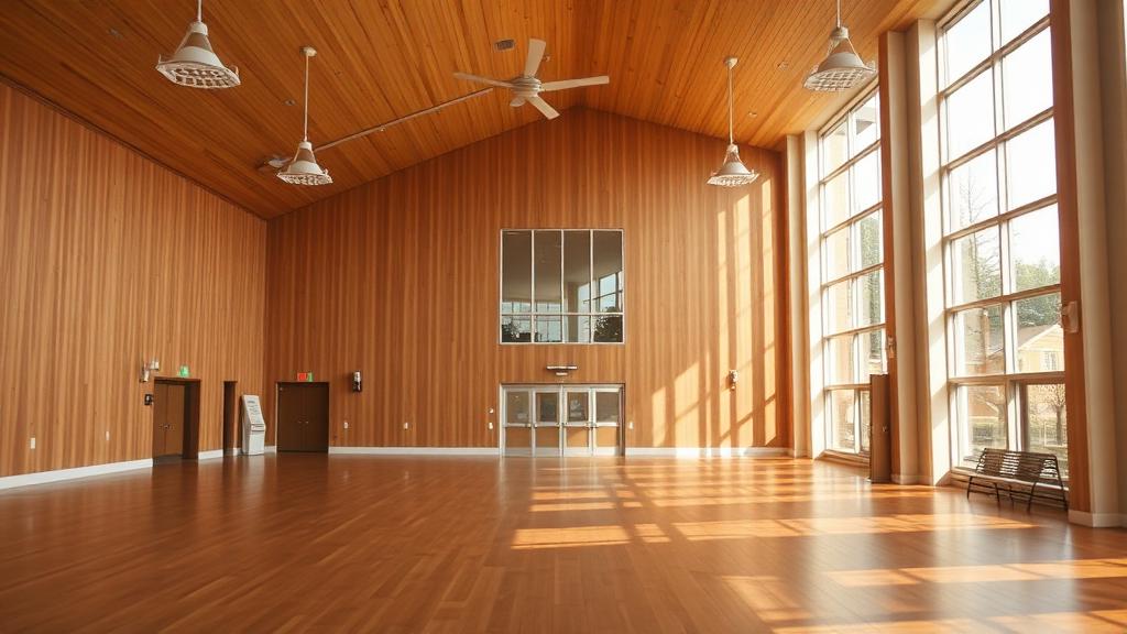 Bright modern community center hall with warm wood interior and daylight