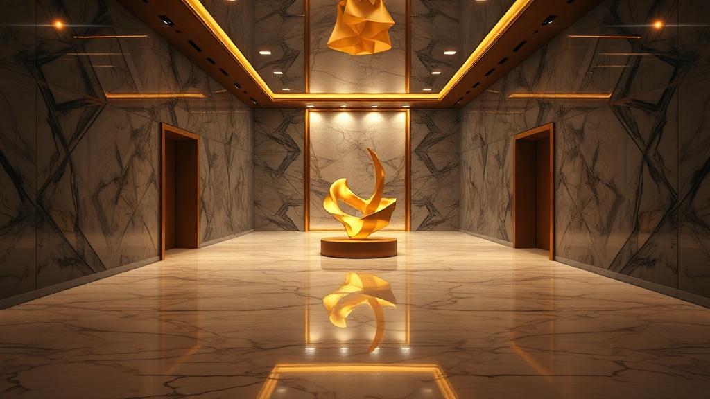 Sovereign wealth fund vault interior with polished marble and abstract gold sculpture