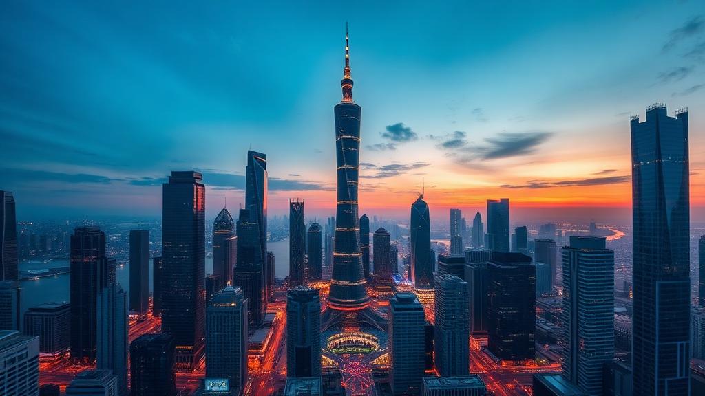 Special economic zone business district skyline at dusk