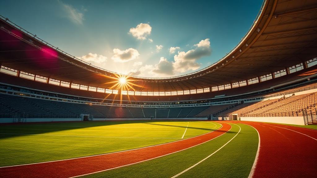 Empty modern athletics stadium with green track at golden hour